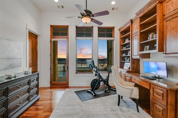 Fitness Equipment, Home Office, Interior, Recessed Lighting, Wood Texture Flooring