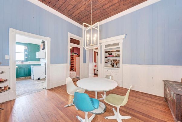 Dining room, Interior, Pendant Lights, Wooden Ceilings, Wood Texture Flooring