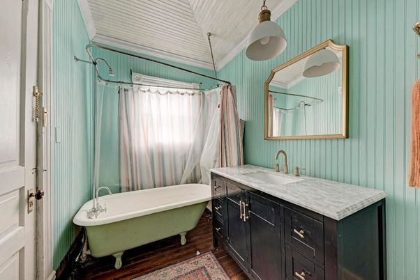 Bathroom, Dual Sink Vanities, Free Standing Baths, Interior, Pendant Lights, Wood Texture Flooring