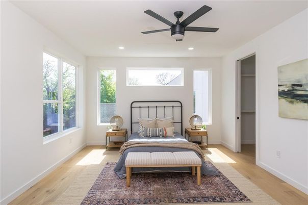 Bedroom, Interior, Recessed Lighting, Wood Texture Flooring