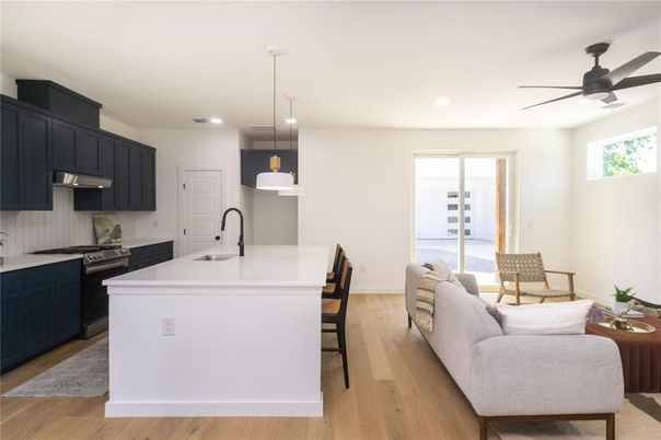 Interior, Kitchen, Pendant Lights, Recessed Lighting, Wood Texture Flooring