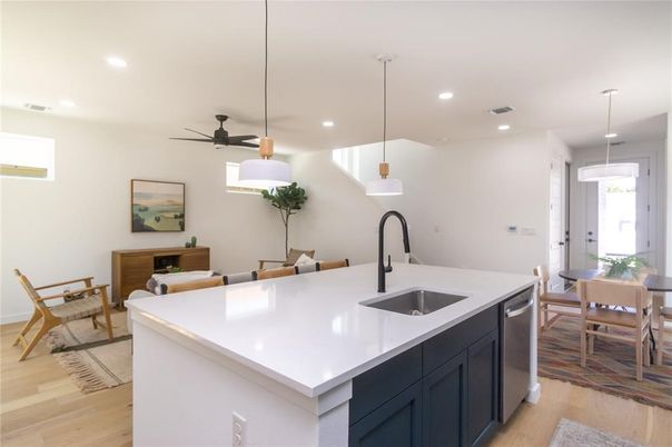 Dining room, Interior, Kitchen, Pendant Lights, Recessed Lighting, Wood Texture Flooring