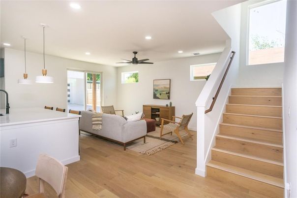 Interior, Living room, Pendant Lights, Recessed Lighting, Wood Texture Flooring