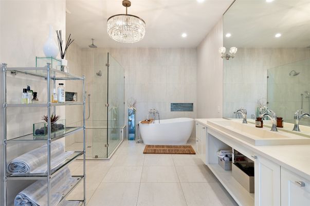 Bathroom, Chandelier, Free Standing Baths, Glass Shower, Interior, Recessed Lighting