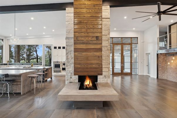 Fireplace, Interior, Kitchen, Pendant Lights, Recessed Lighting, Stainless Steel Appliances, Wood Texture Flooring