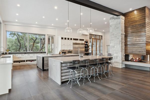 Fireplace, Interior, Kitchen, Pendant Lights, Recessed Lighting, Stainless Steel Appliances