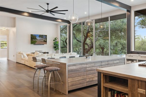 Interior, Kitchen, Living room, Pendant Lights, Recessed Lighting, Wood Texture Flooring