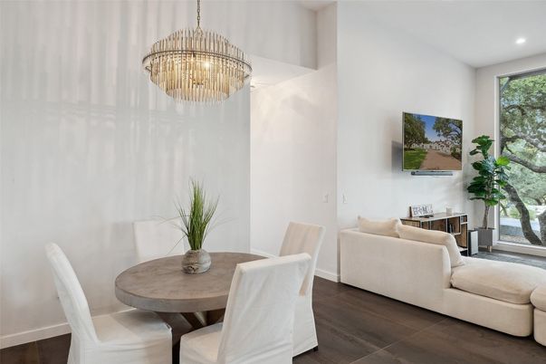 Chandelier, Dining room, Interior, Living room, Recessed Lighting, Wood Texture Flooring