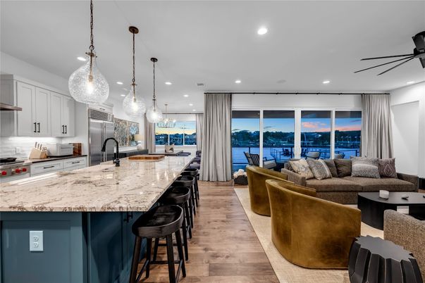 Interior, Kitchen, Living room, Pendant Lights, Recessed Lighting, Stainless Steel Appliances, Wood Texture Flooring