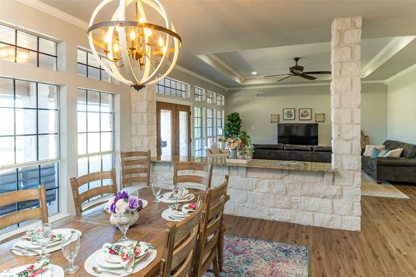 Chandelier, Dining room, Interior, Recessed Lighting, Wood Texture Flooring