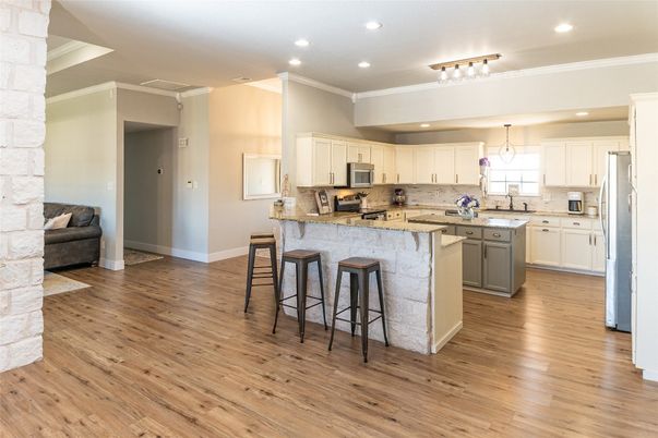 Interior, Kitchen, Recessed Lighting, Stainless Steel Appliances, Wood Texture Flooring