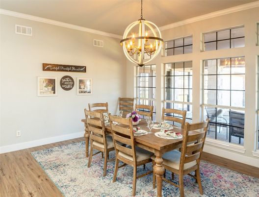 Chandelier, Dining room, Interior, Wood Texture Flooring
