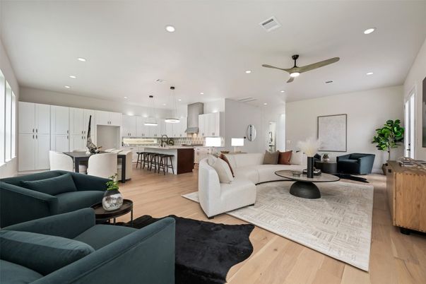 Interior, Kitchen, Living room, Pendant Lights, Recessed Lighting, Wood Texture Flooring