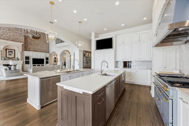 Interior, Kitchen, Pendant Lights, Recessed Lighting, Stainless Steel Appliances, Stone Walls, Wood Texture Flooring