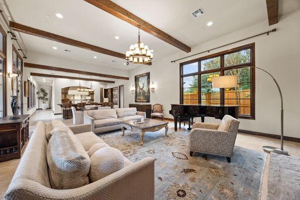 Chandelier, Dining room, Interior, Living room, Pendant Lights, Piano, Recessed Lighting, Wooden Beams