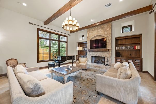 Fireplace, Interior, Living room, Piano, Recessed Lighting, Stone Walls, Wooden Beams