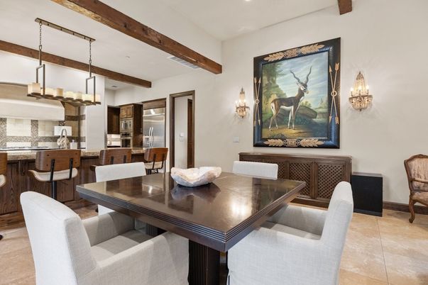 Dining room, Interior, Kitchen, Pendant Lights, Recessed Lighting, Wooden Beams
