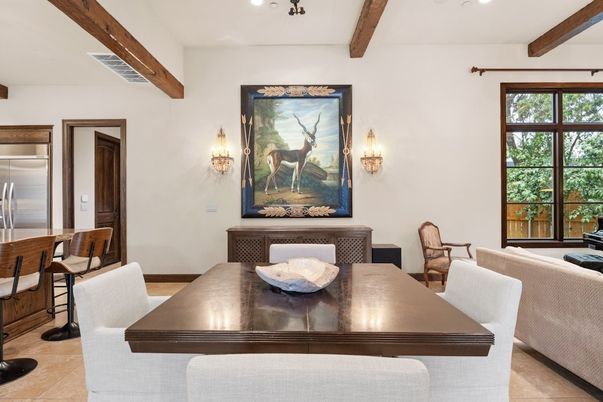 Dining room, Interior, Recessed Lighting, Stainless Steel Appliances, Wooden Beams