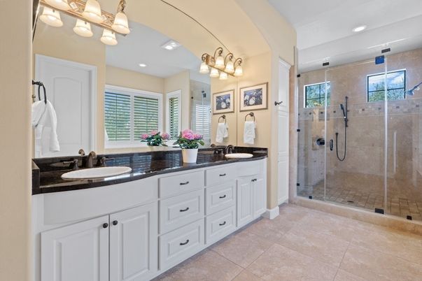 Bathroom, Dual Sink Vanities, Glass Shower, Interior, Recessed Lighting