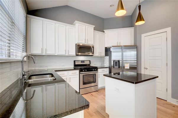 Interior, Kitchen, Pendant Lights, Stainless Steel Appliances, Wood Texture Flooring
