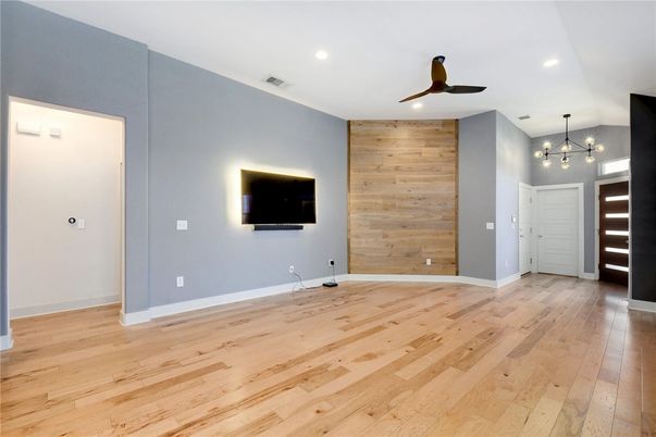 Empty room, Interior, Pendant Lights, Recessed Lighting, Wood Texture Flooring, Wooden Walls