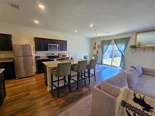 Interior, Kitchen, Living room, Recessed Lighting, Stainless Steel Appliances, Wood Texture Flooring