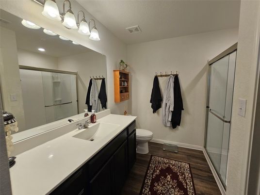 Bathroom, Glass Shower, Interior, Recessed Lighting, Wood Texture Flooring