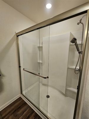 Bathroom, Glass Shower, Interior, Recessed Lighting, Wood Texture Flooring