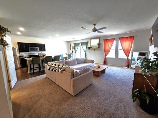 Dining room, Interior, Kitchen, Living room, Recessed Lighting, Stainless Steel Appliances, Wood Texture Flooring
