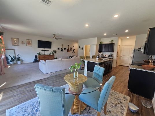 Dining room, Interior, Kitchen, Living room, Recessed Lighting, Wood Texture Flooring