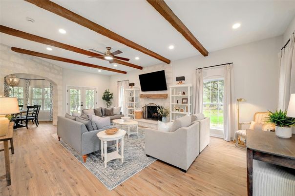 Dining room, Fireplace, Interior, Living room, Recessed Lighting, Wooden Beams, Wood Texture Flooring