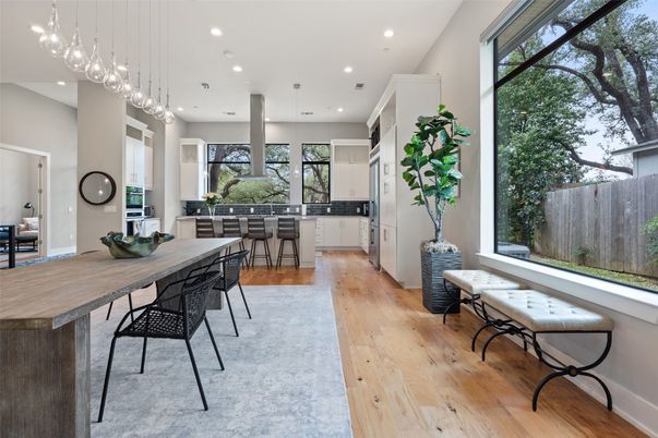 Dining room, Interior, Kitchen, Pendant Lights, Recessed Lighting, Wood Texture Flooring