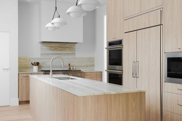 Interior, Kitchen, Pendant Lights, Stainless Steel Appliances, Wood Texture Flooring