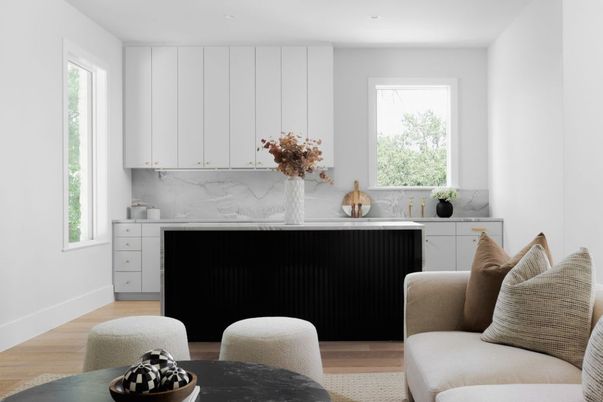 Interior, Kitchen, Marble Walls, Recessed Lighting, Wood Texture Flooring