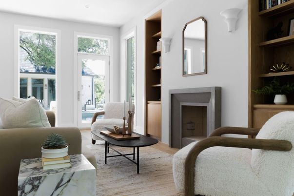 Bedroom, Fireplace, Interior, Living room, Recessed Lighting, Wood Texture Flooring