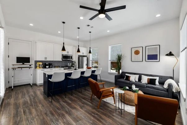 Interior, Kitchen, Living room, Pendant Lights, Recessed Lighting, Stainless Steel Appliances, Wood Texture Flooring