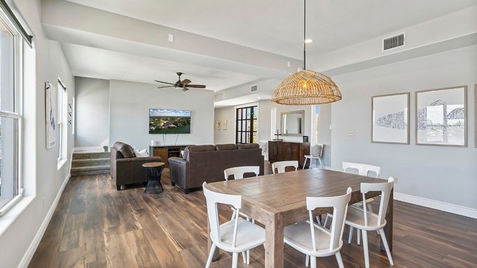 Dining room, Interior, Living room, Pendant Lights, Recessed Lighting, Wood Texture Flooring