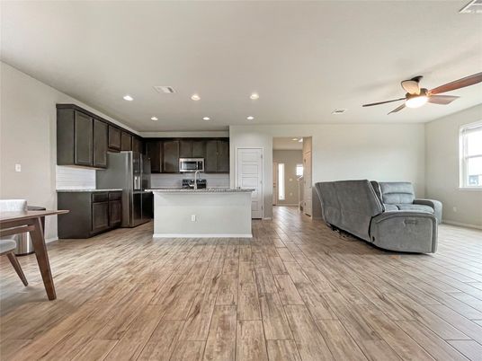 Interior, Kitchen, Recessed Lighting, Stainless Steel Appliances, Wood Texture Flooring