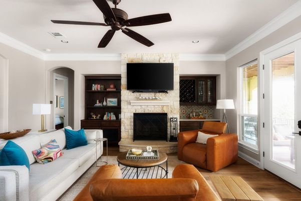 Fireplace, Interior, Living room, Recessed Lighting, Wood Texture Flooring
