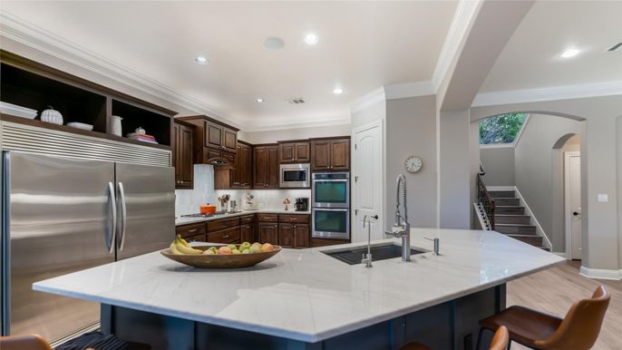 Interior, Kitchen, Recessed Lighting, Stainless Steel Appliances, Wood Texture Flooring