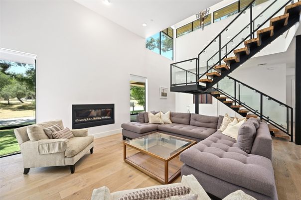 Fireplace, Interior, Living room, Recessed Lighting, Wood Texture Flooring