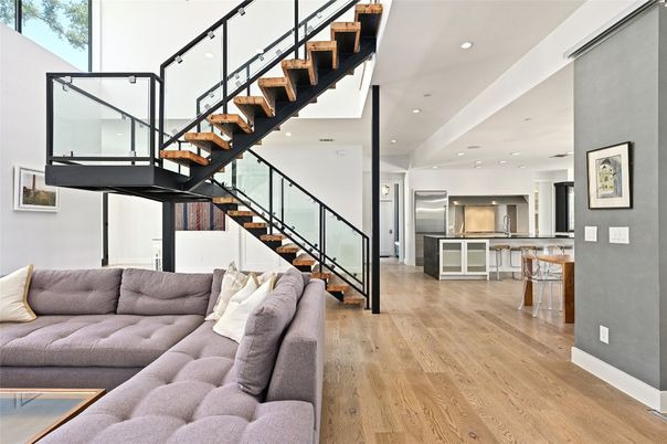 Interior, Kitchen, Living room, Recessed Lighting, Stainless Steel Appliances, Wood Texture Flooring