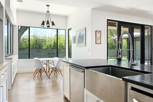 Dining room, Interior, Kitchen, Pendant Lights, Recessed Lighting, Wood Texture Flooring