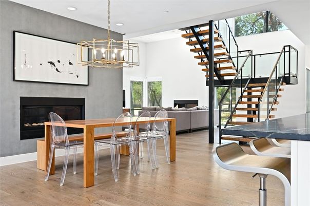 Dining room, Fireplace, Interior, Living room, Pendant Lights, Recessed Lighting, Wood Texture Flooring