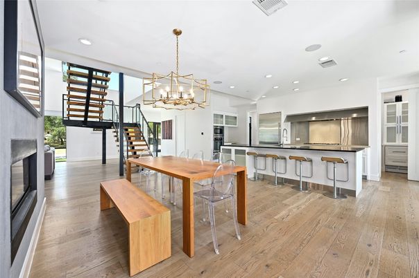Dining room, Interior, Kitchen, Pendant Lights, Recessed Lighting, Stainless Steel Appliances, Wood Texture Flooring