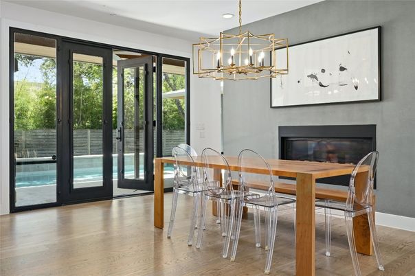 Dining room, Fireplace, Interior, Pendant Lights, Recessed Lighting, Wood Texture Flooring