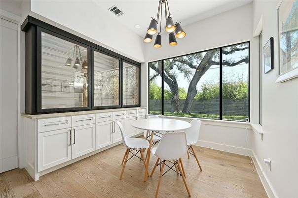 Dining room, Interior, Pendant Lights, Wood Texture Flooring