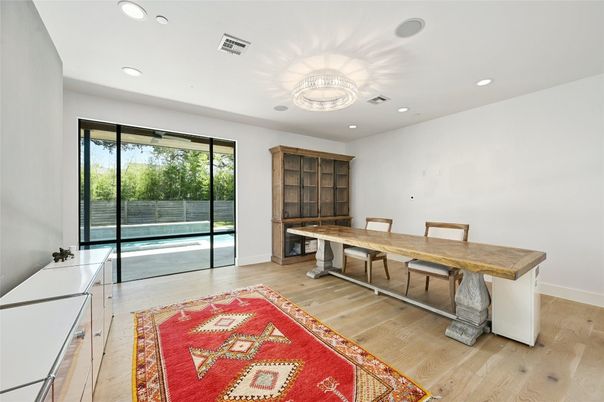 Chandelier, Home Office, Interior, Recessed Lighting, Wood Texture Flooring