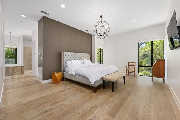 Bedroom, Chandelier, Interior, Recessed Lighting, Wood Texture Flooring