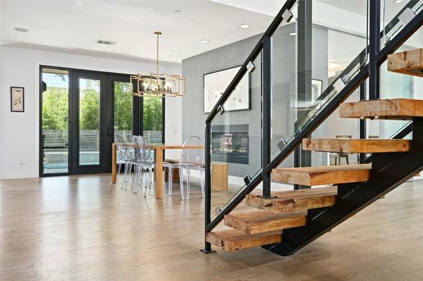 Dining room, Interior, Pendant Lights, Recessed Lighting, Wood Texture Flooring